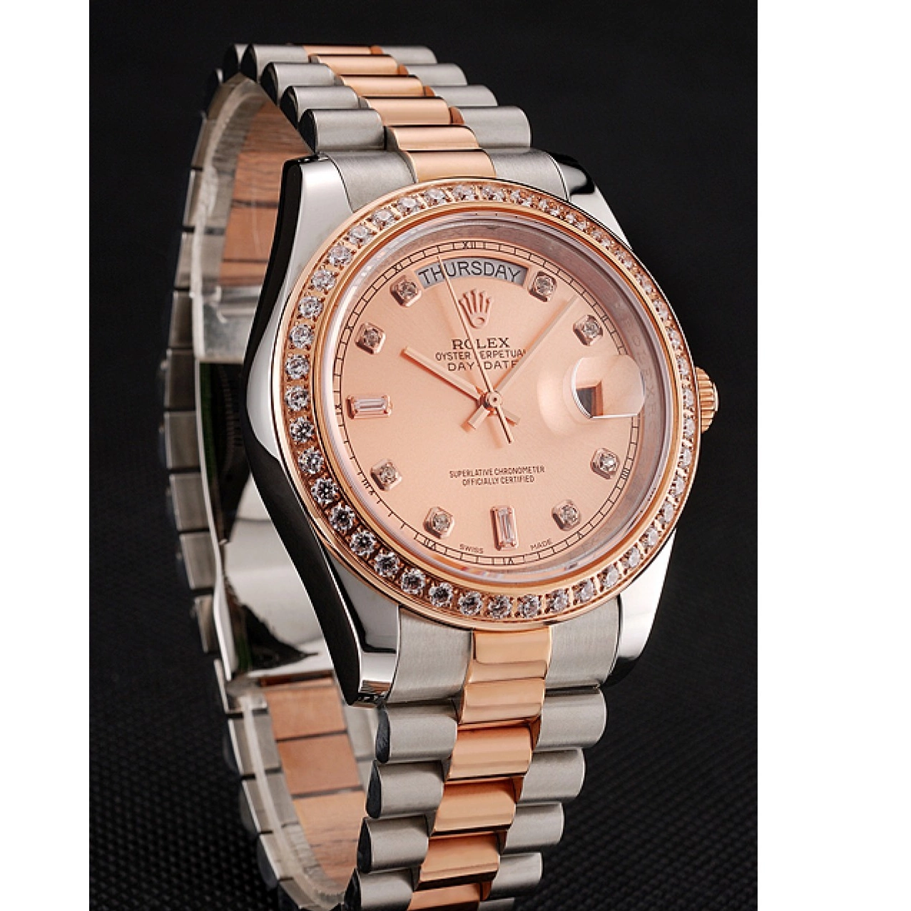 AAA Replica Watches Day-Date Bracelet Steel Rose Bezel Diamonds 1454107 And Swiss Rolex Gold Staineless 0718